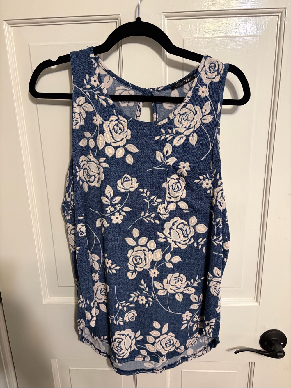 PAPERMOON Floral Tank Top | Size L | Blue & White Denim-Look Stretch Top